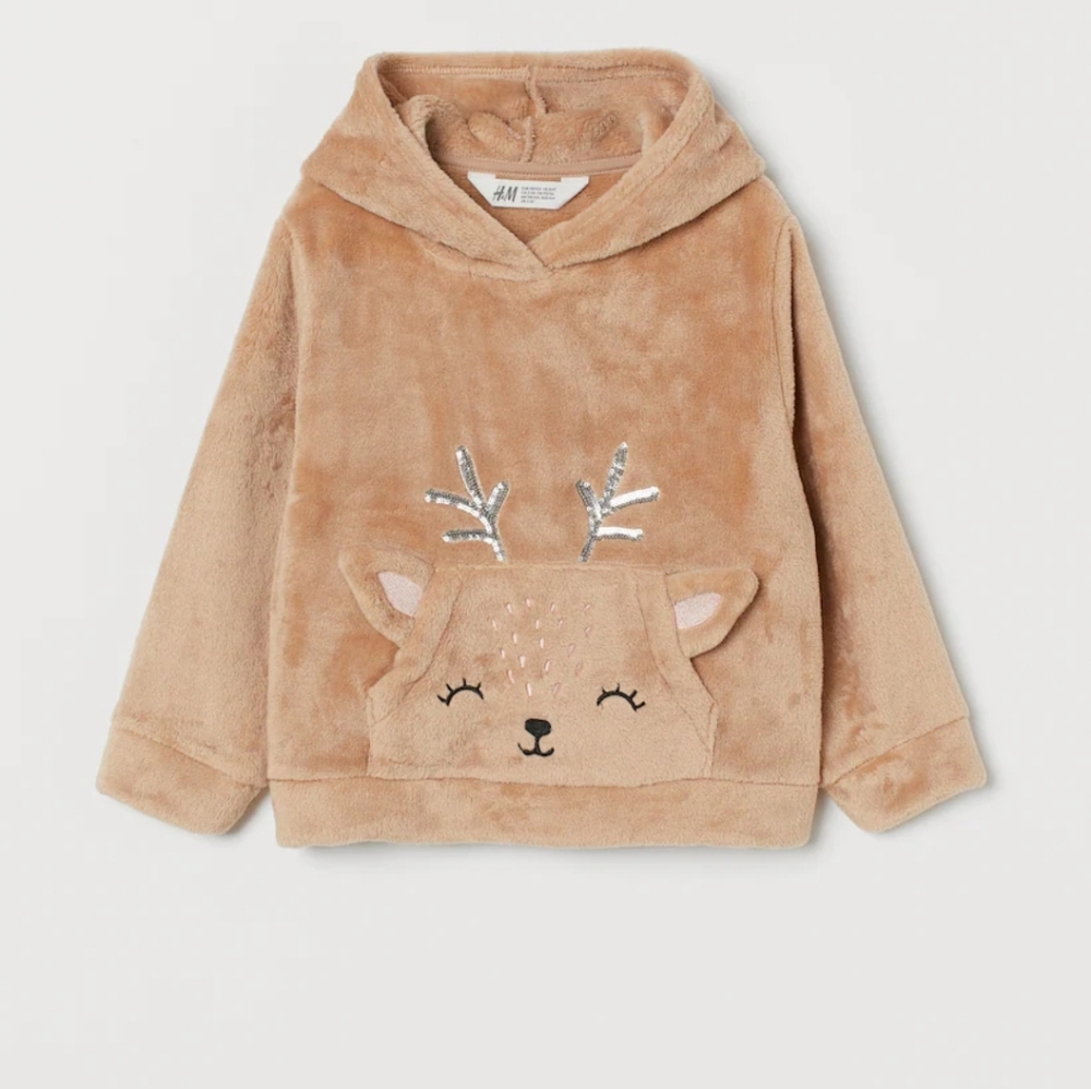 H&M REINDEER COZY FLUFFY HOODIE Sparkly Antlers Size 4